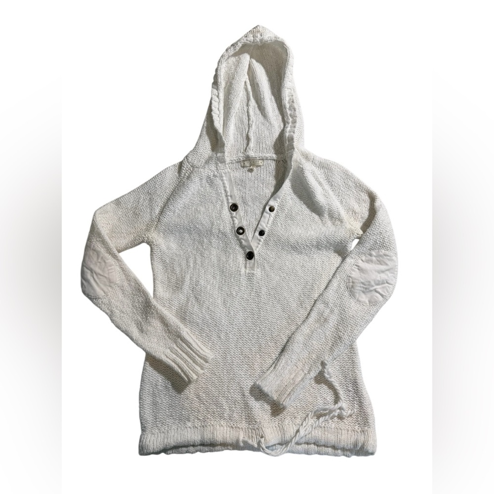 Old Navy White Hooded Knit Sweater Medium Chunky Cotton Henley Elbow Patch